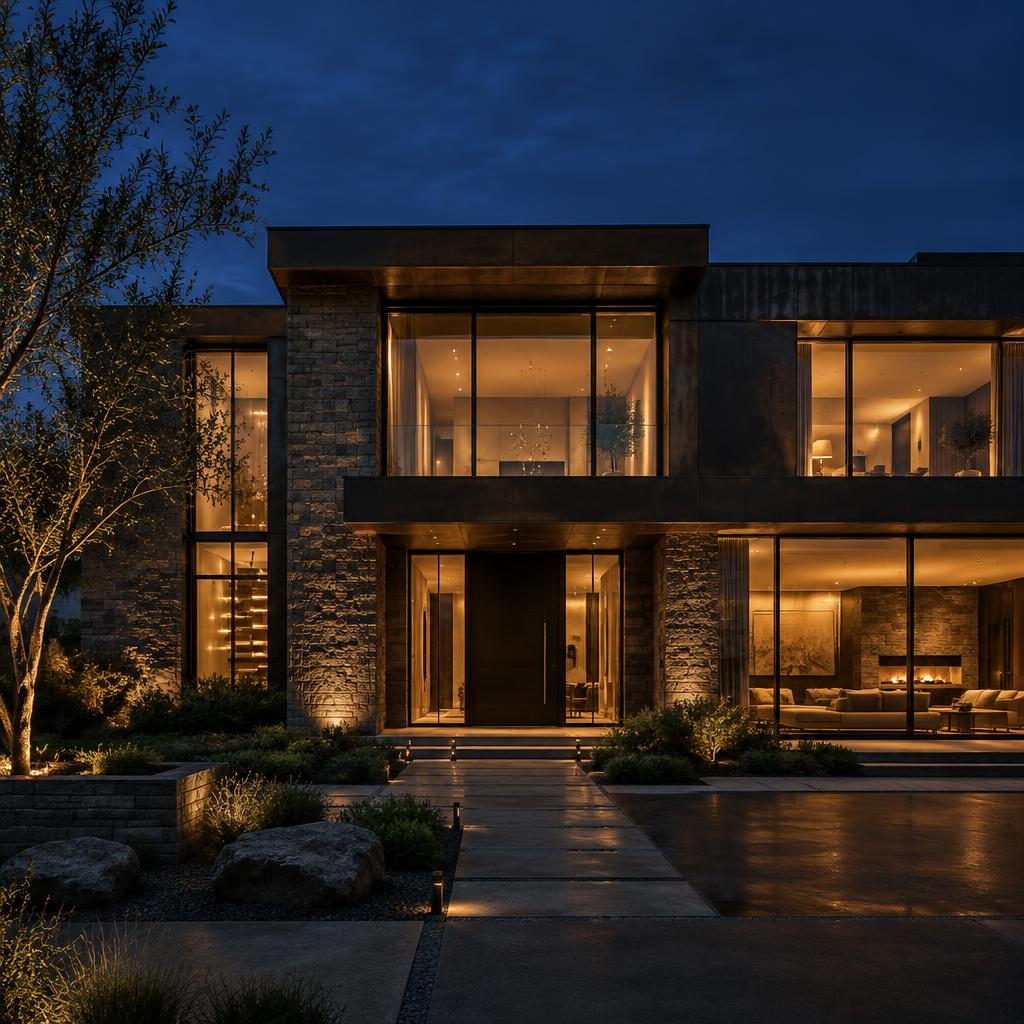 Exceptional bespoke private residence facade with glowing glazing and landscaped entrance at night