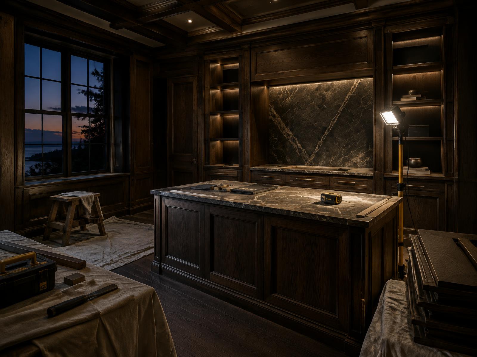Craftsman-grade joinery and stone worktop under an inspection lamp in a panelled residence at dusk