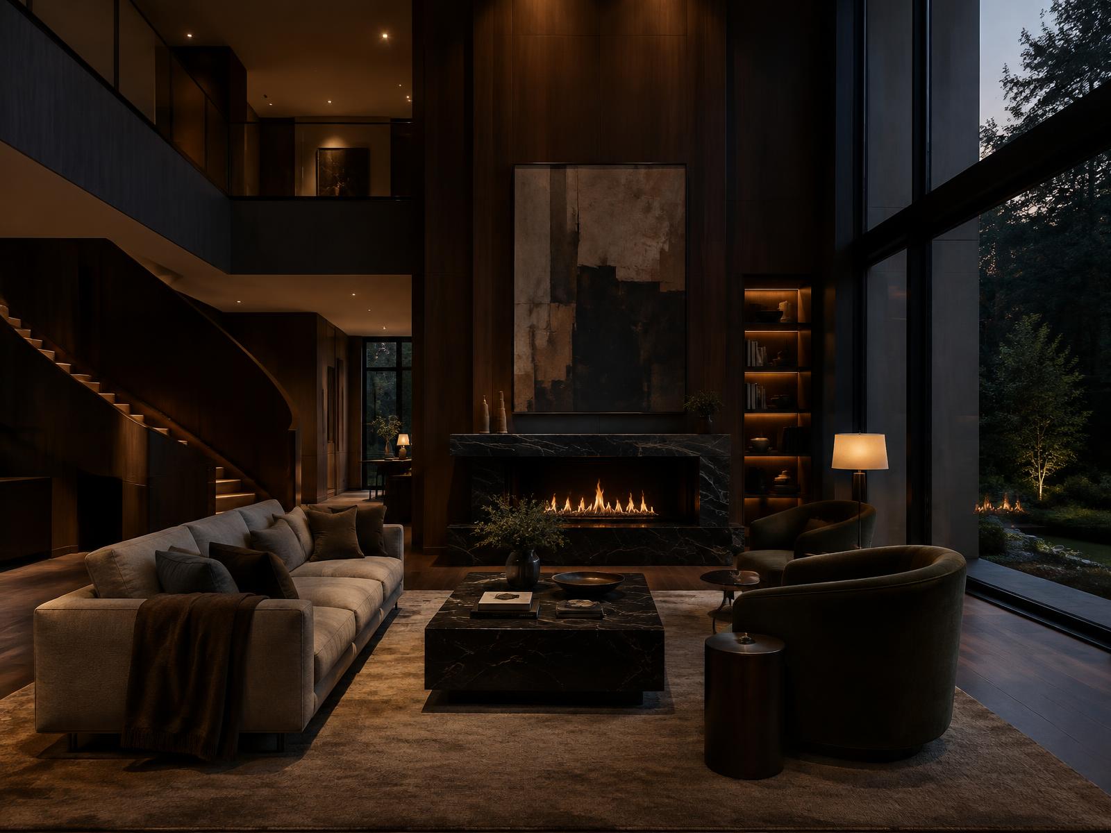 Generic double-height residence interior with dark timber panelling, sculptural stair and marble fireplace