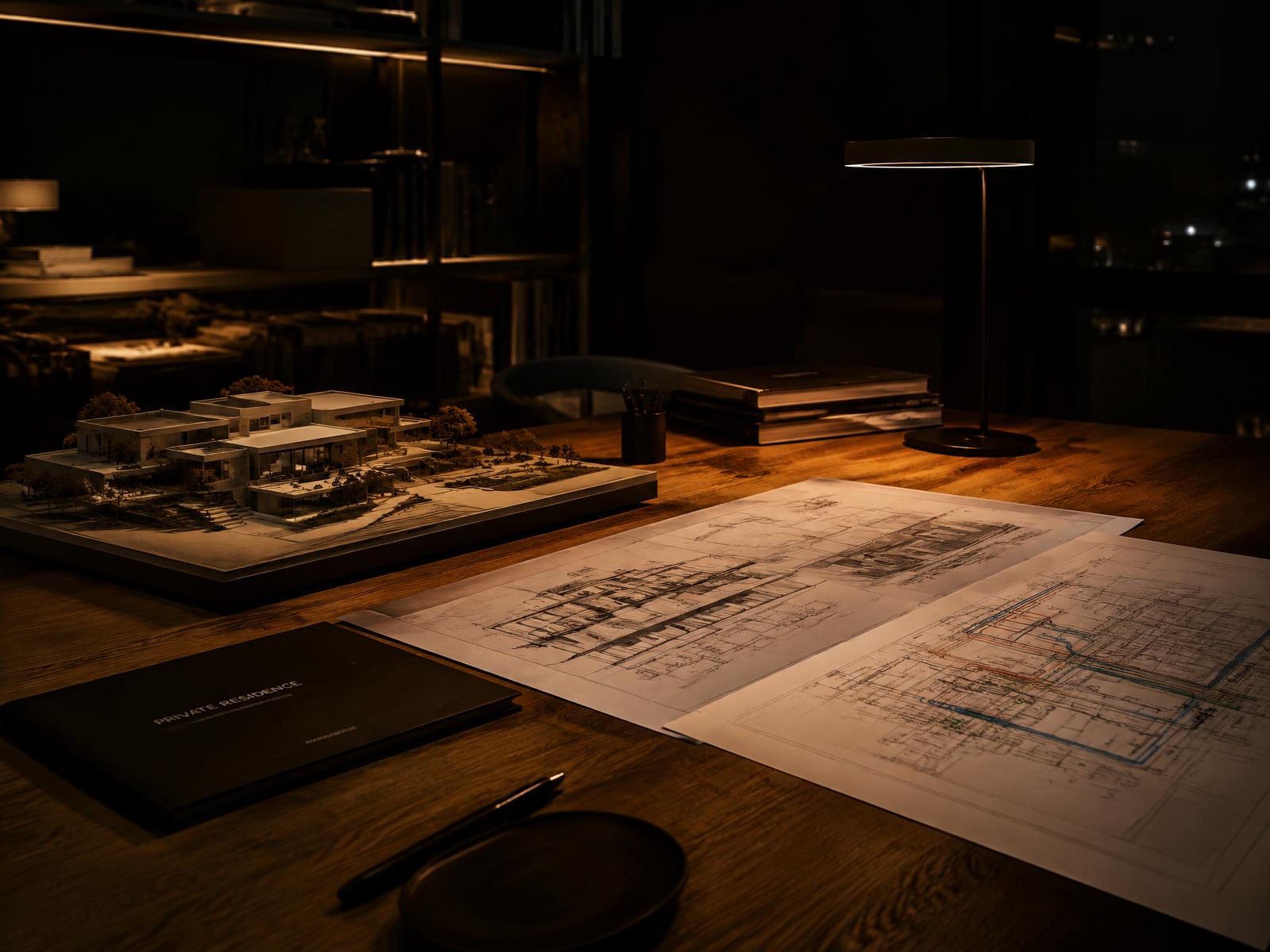 Scale model of a private residence beside structural and MEP drawings under a warm desk lamp at night