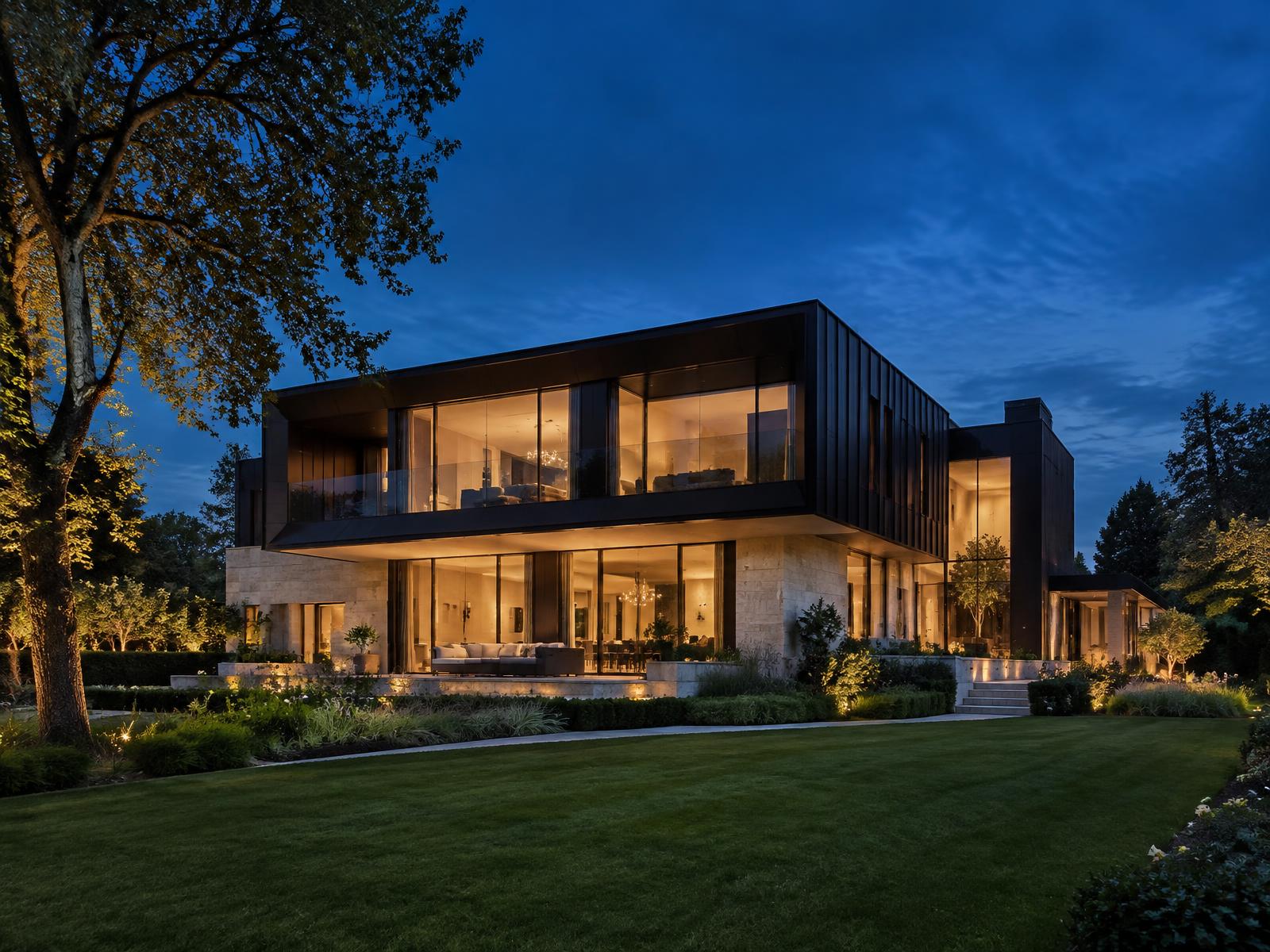 Generic contemporary limestone and bronze private residence with glowing glazing at dusk