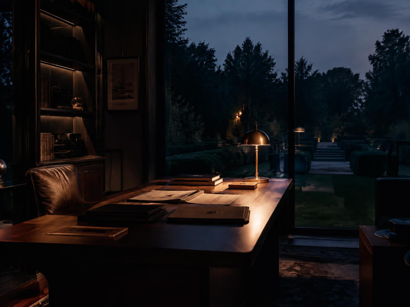 Private study with leather folders and drawings on a desk overlooking a dark formal garden at dusk