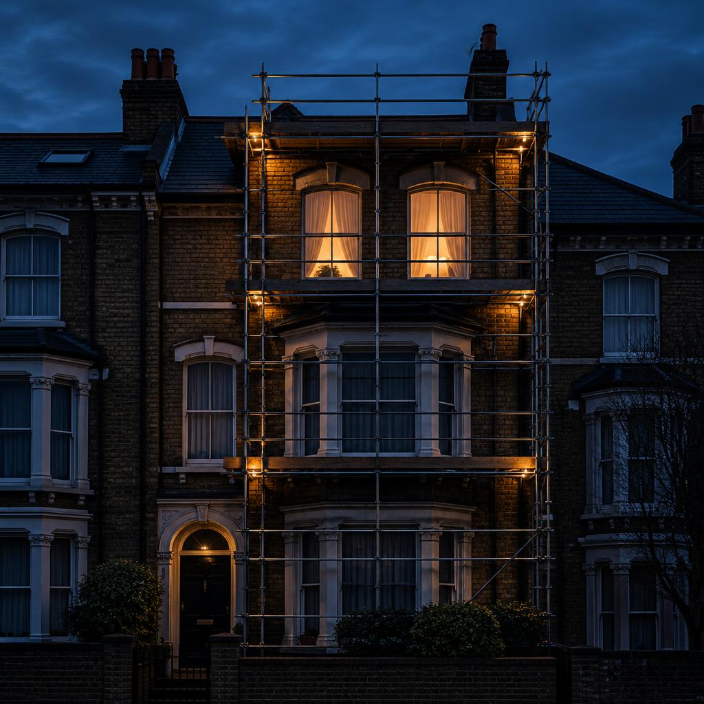 Victorian brick terrace building under gently lit scaffolding at dusk