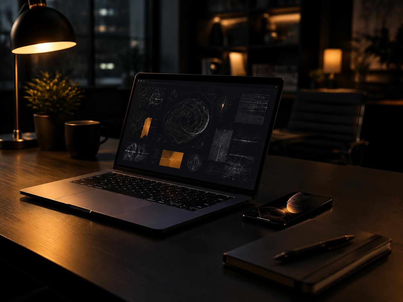Laptop with abstract drawings, phone and notebook on a dark desk under warm lamp glow
