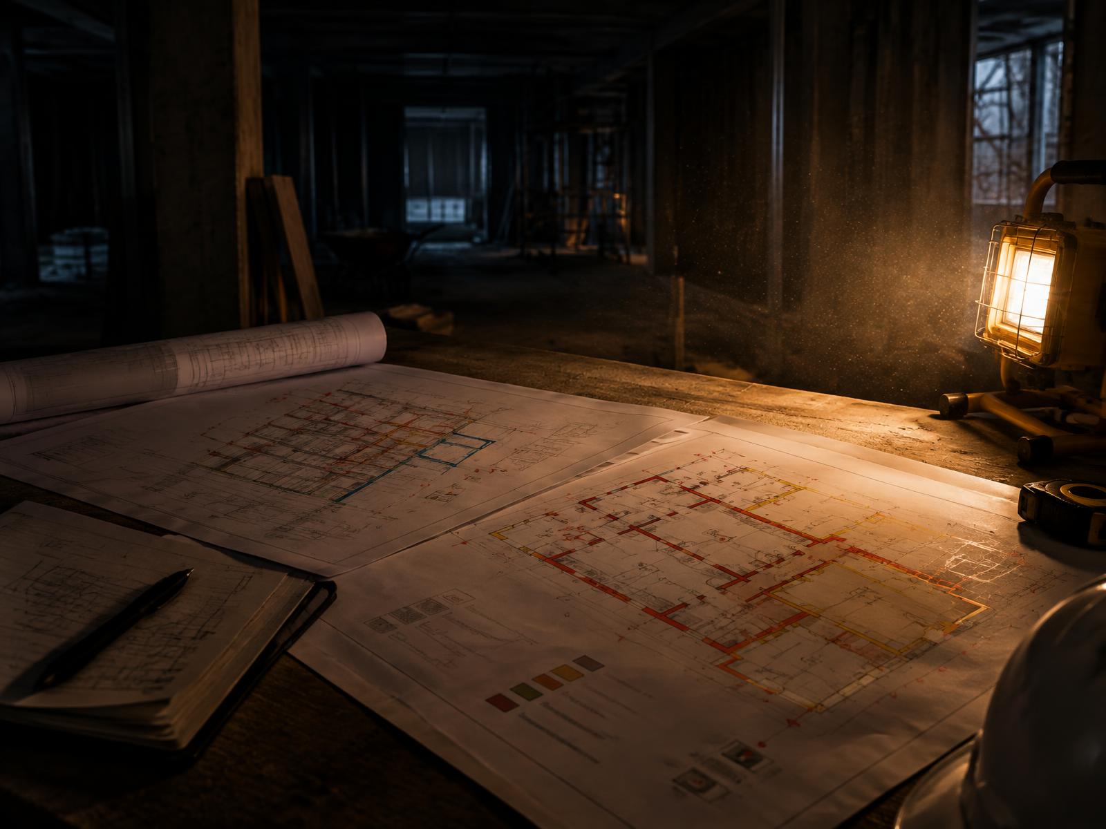Building regulations drawing set and fire compartment plan on a site table under a work lamp