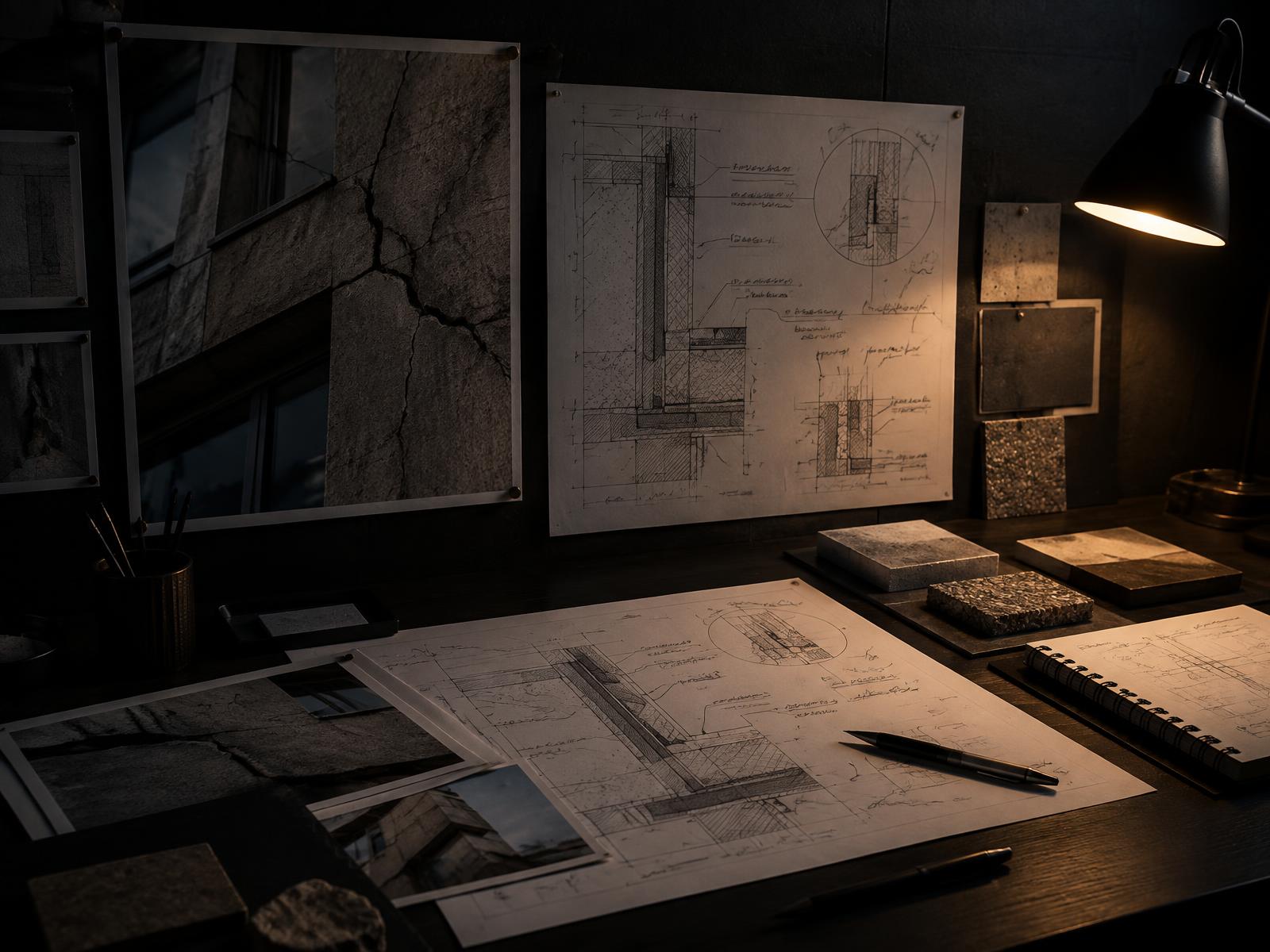 Cracked facade condition photo pinned beside remedial detail drawings and material samples under a task lamp