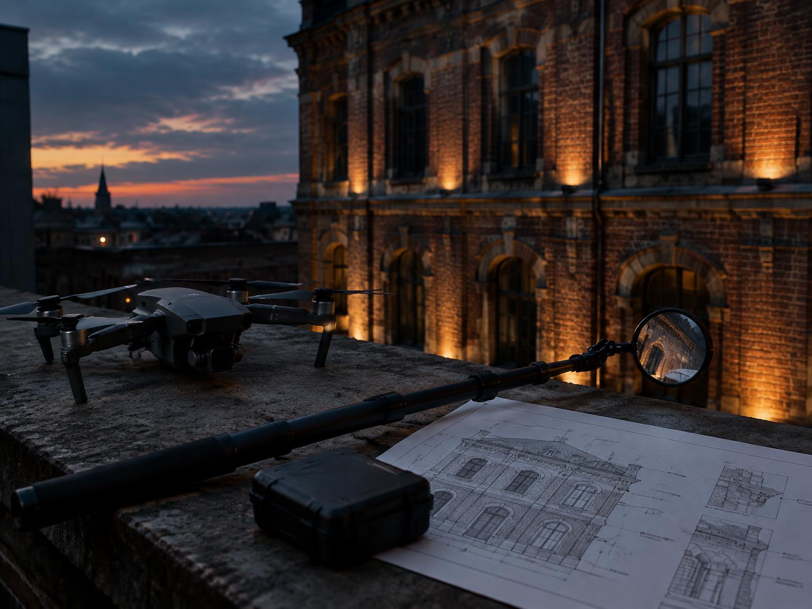 Generic drone and mirror-stick inspection kit on a ledge beside a building elevation drawing at dusk