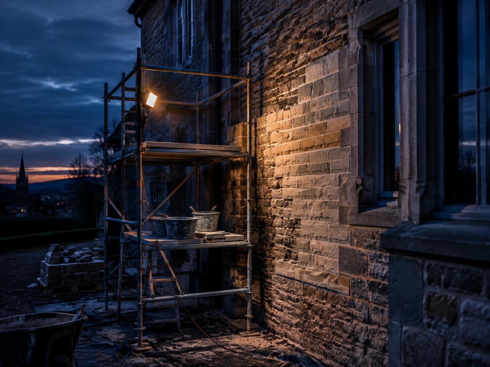 Generic masonry repair works on a stone facade with new stonework and a small scaffold tower at dusk