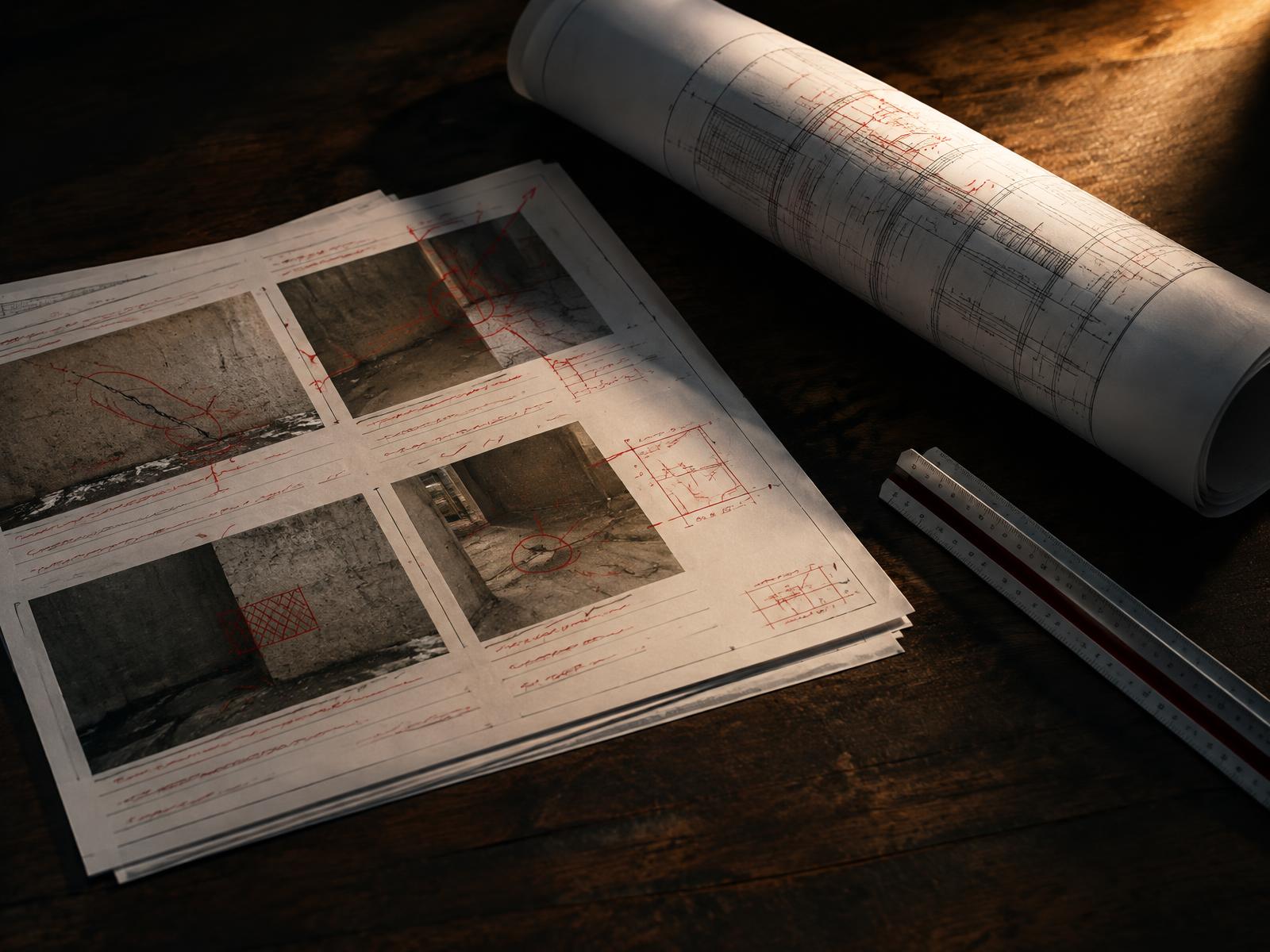 Annotated condition report pages with red defect markings beside a rolled technical drawing and scale rule