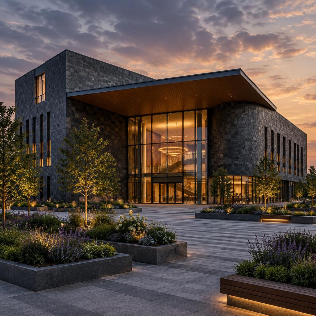 Contemporary civic community building with a landscaped public square at dusk