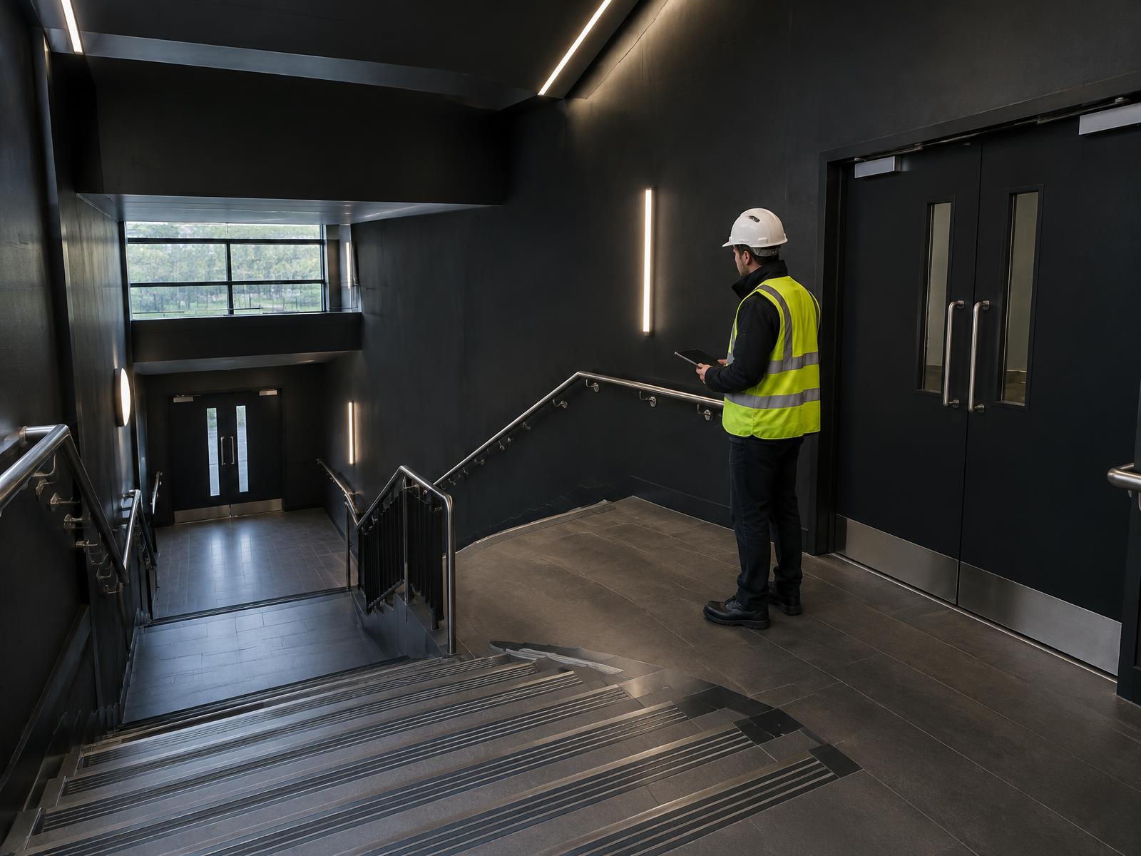 Fire safety specialist inspecting an enclosed public building escape stair