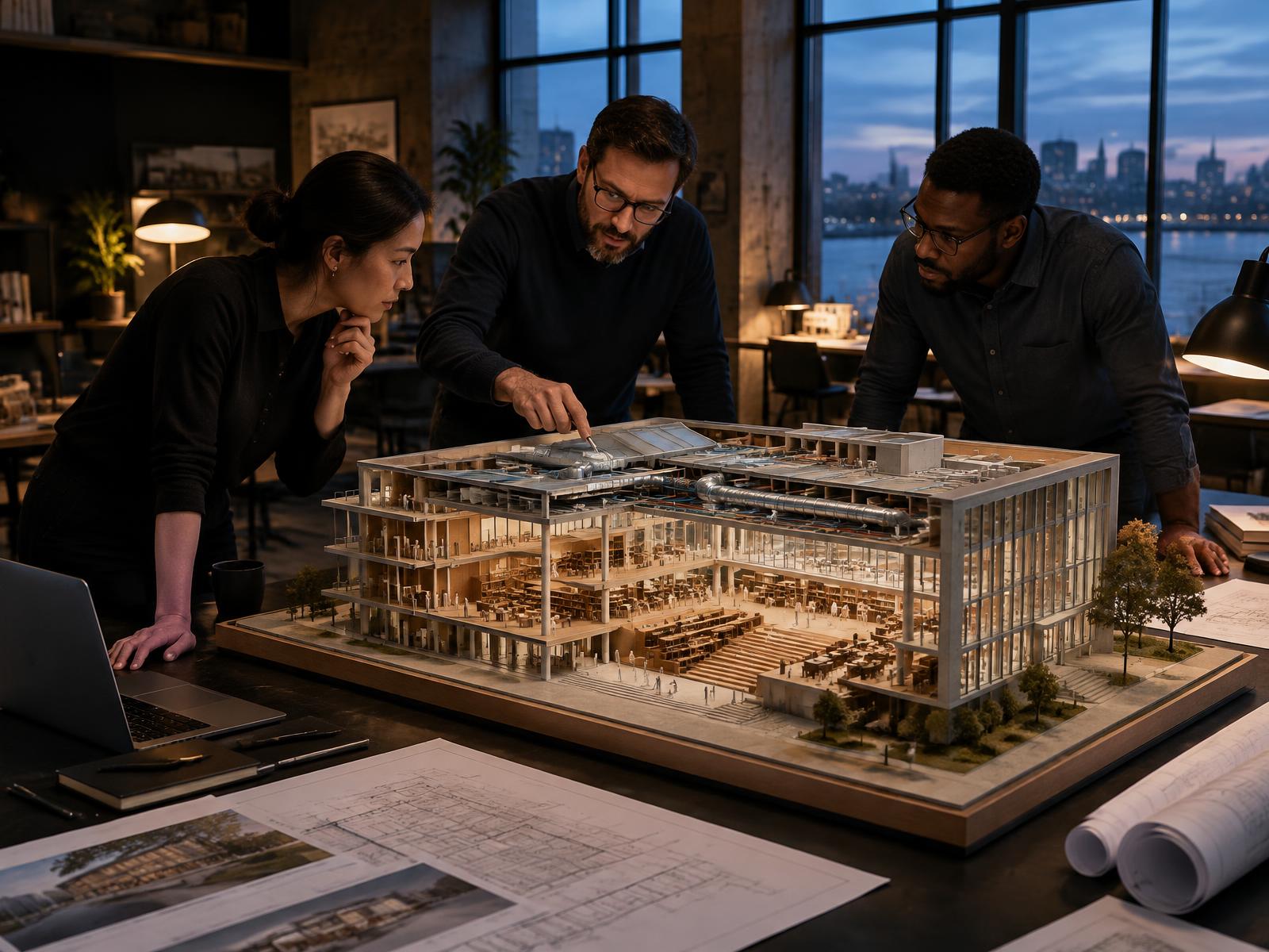 Architects and engineers coordinating a civic library model