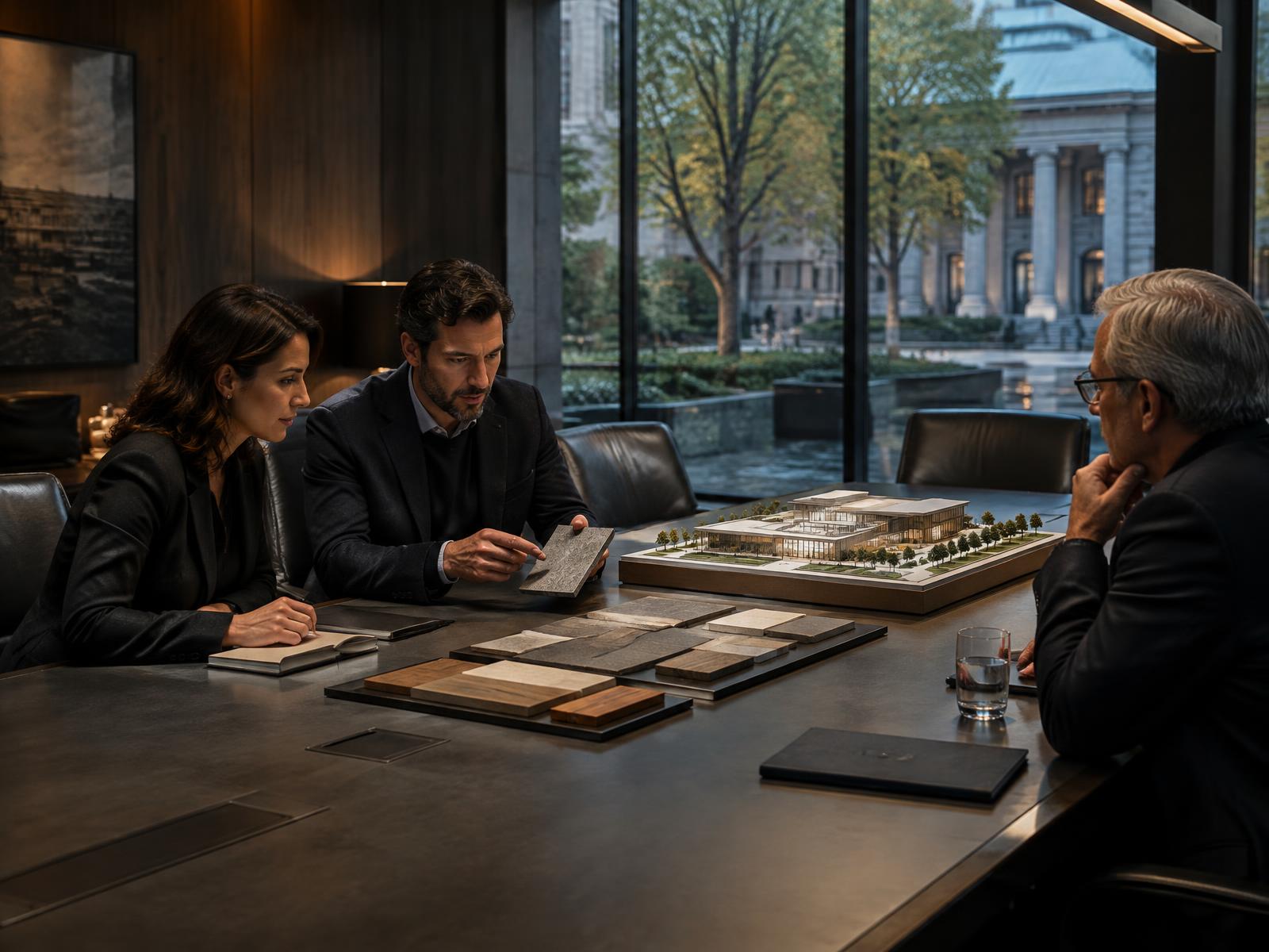 Public-sector project review with a civic building model and material samples