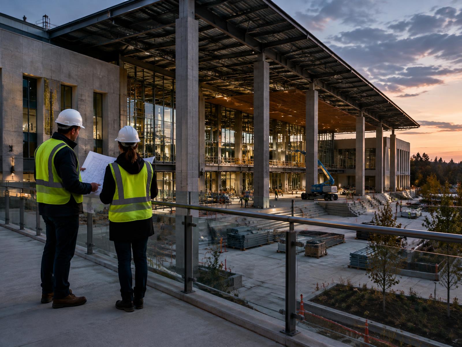 Site managers reviewing a civic building under construction