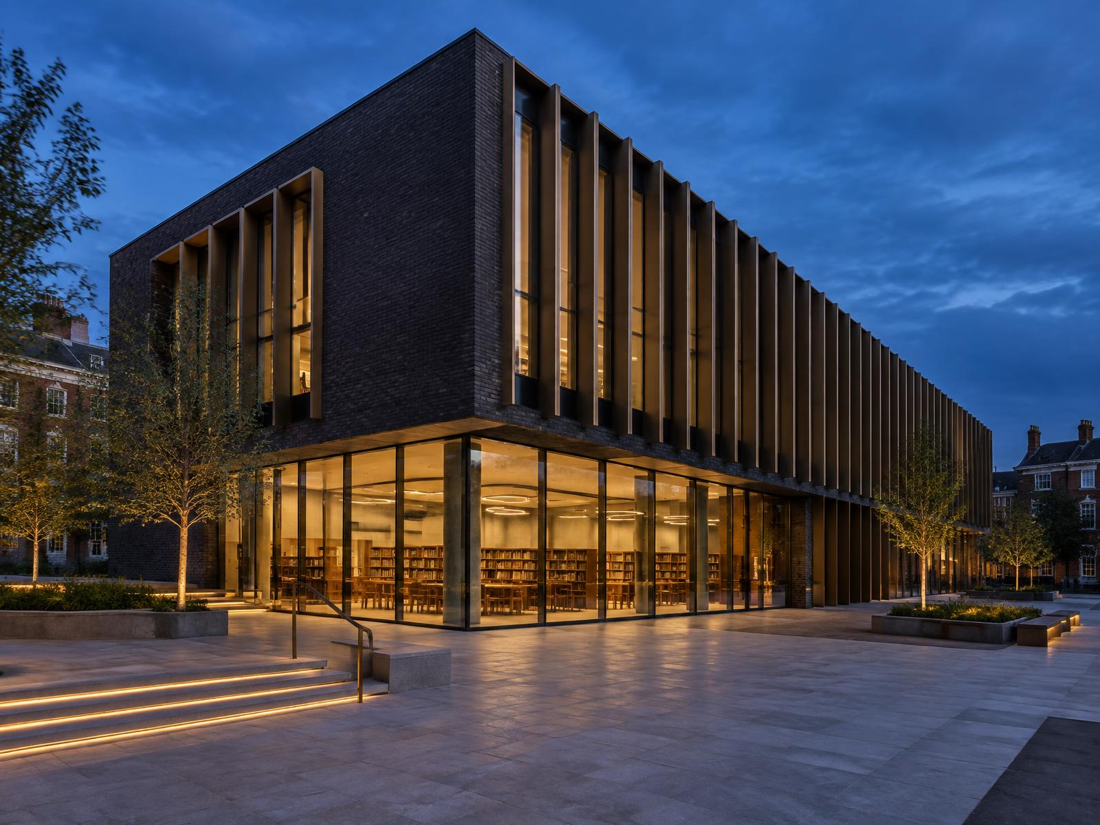 Generic contemporary public library with dark brick and glazed ground floor