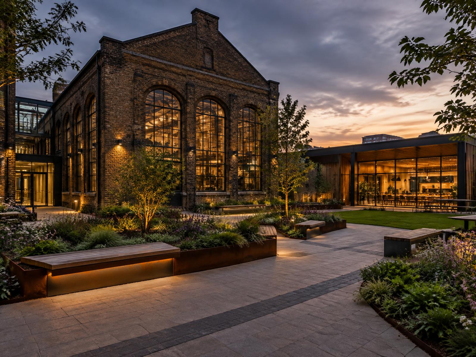 Generic regenerated community courtyard with restored brick hall and modern pavilion