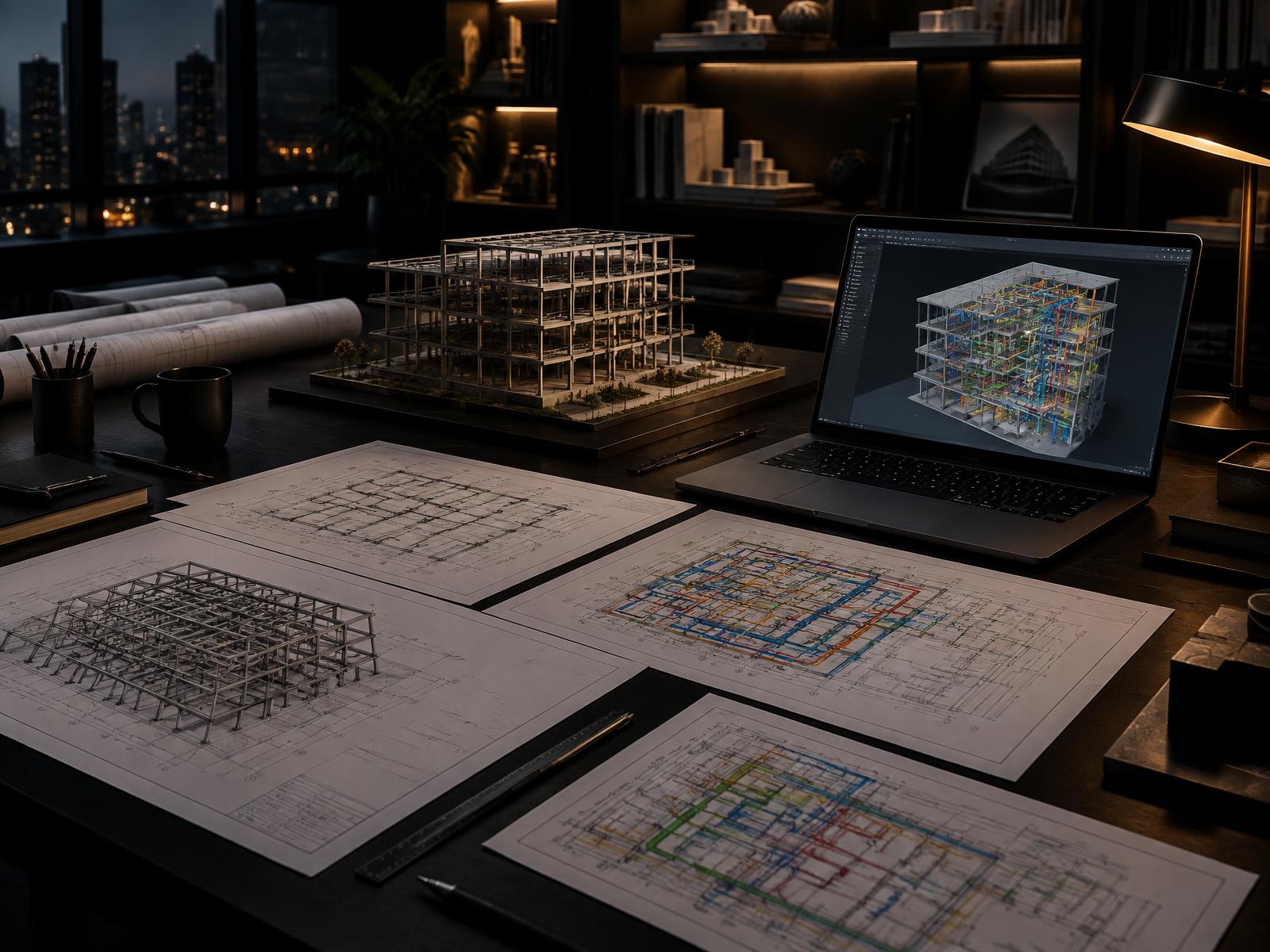 Structural and MEP drawing sets with a building frame model and BIM model on a studio desk