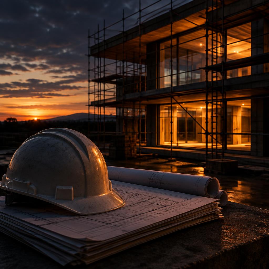Contractor's hard hat on technical drawings beside a building under scaffolding at dusk