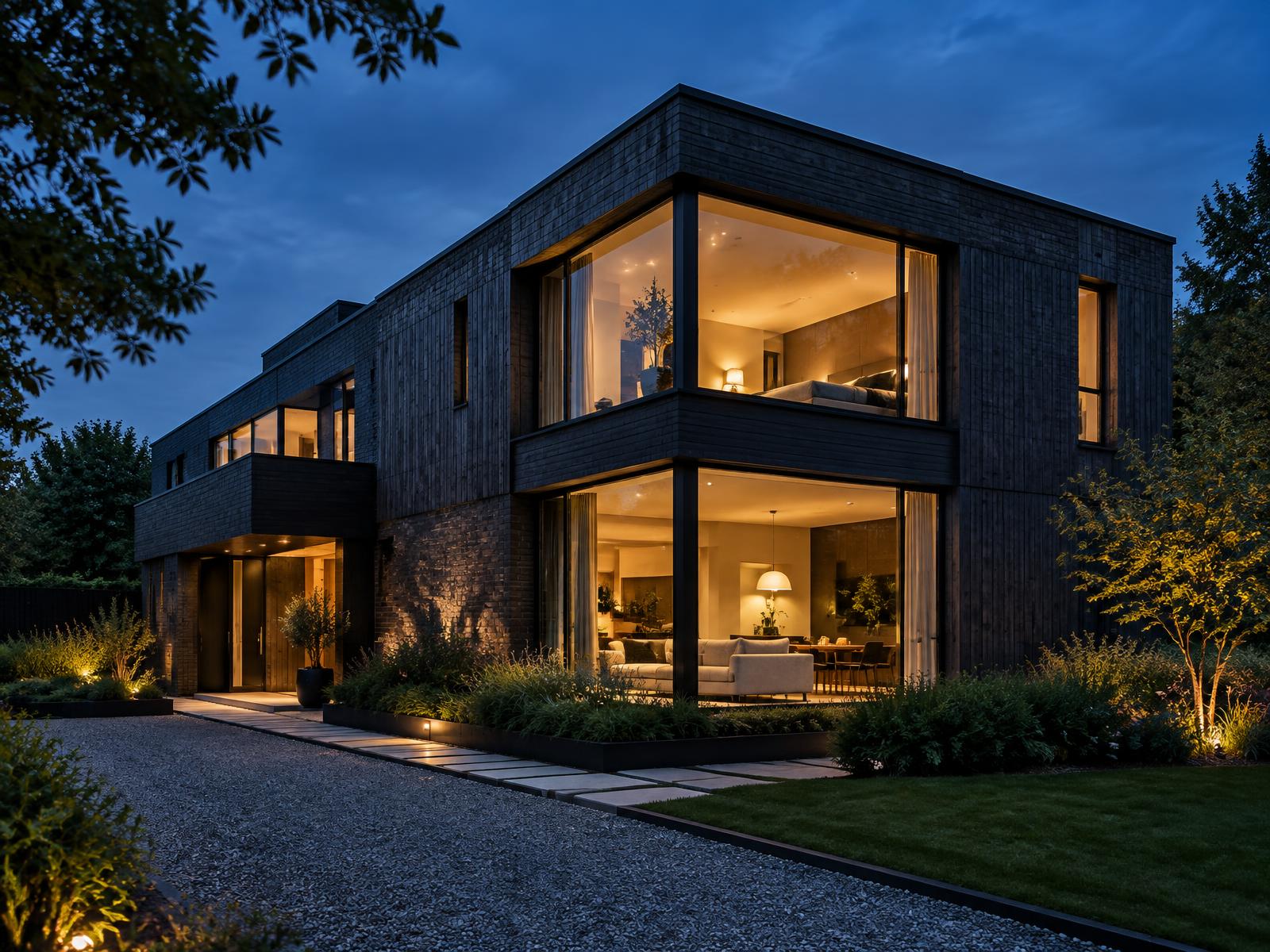 Generic completed modern residential building with dark brick facade and glowing glass corner at blue hour