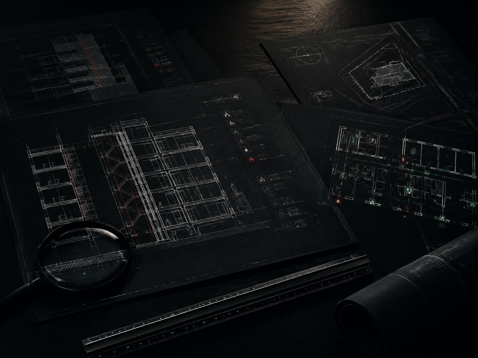 Building regulations and fire strategy drawings with a magnifying glass on dark paper