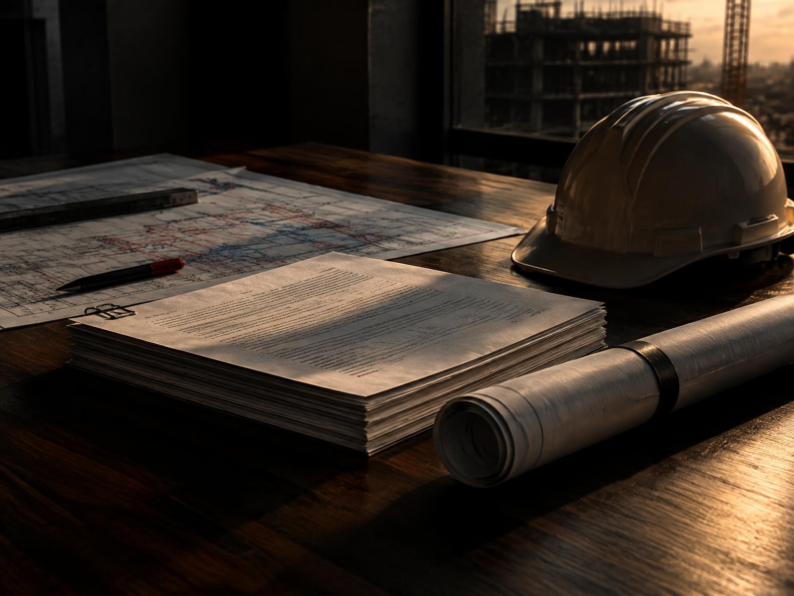 Construction contract documents with hard hat and marked-up drawing set on a dark desk