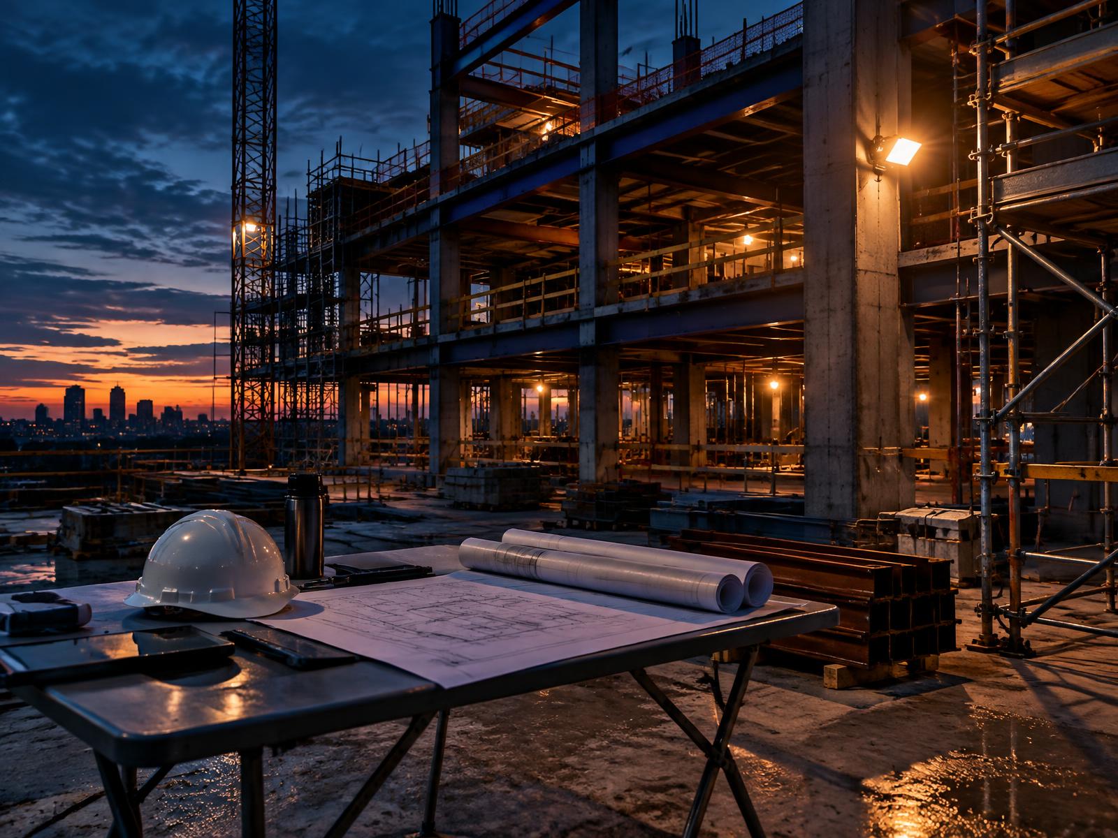 Generic construction site with steel and concrete frame, scaffolding and a site table with drawings at dusk
