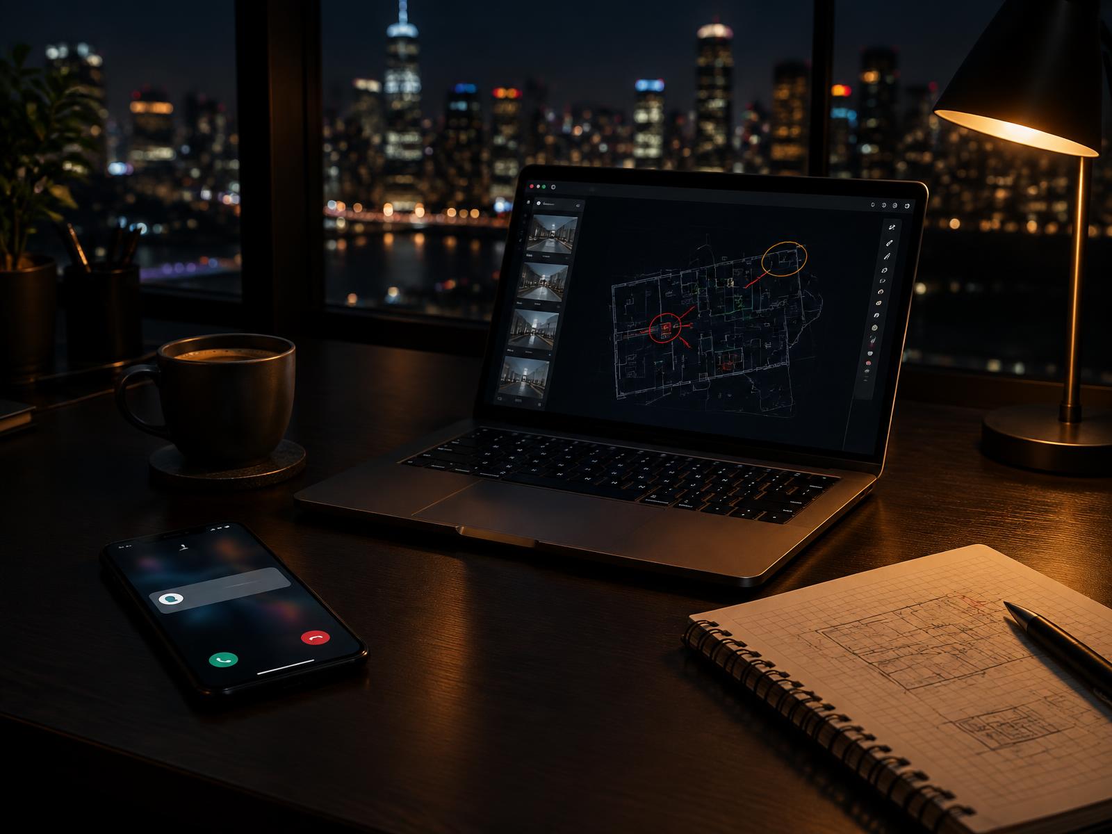 Night desk with laptop marking up drawings and a phone beside a site notebook