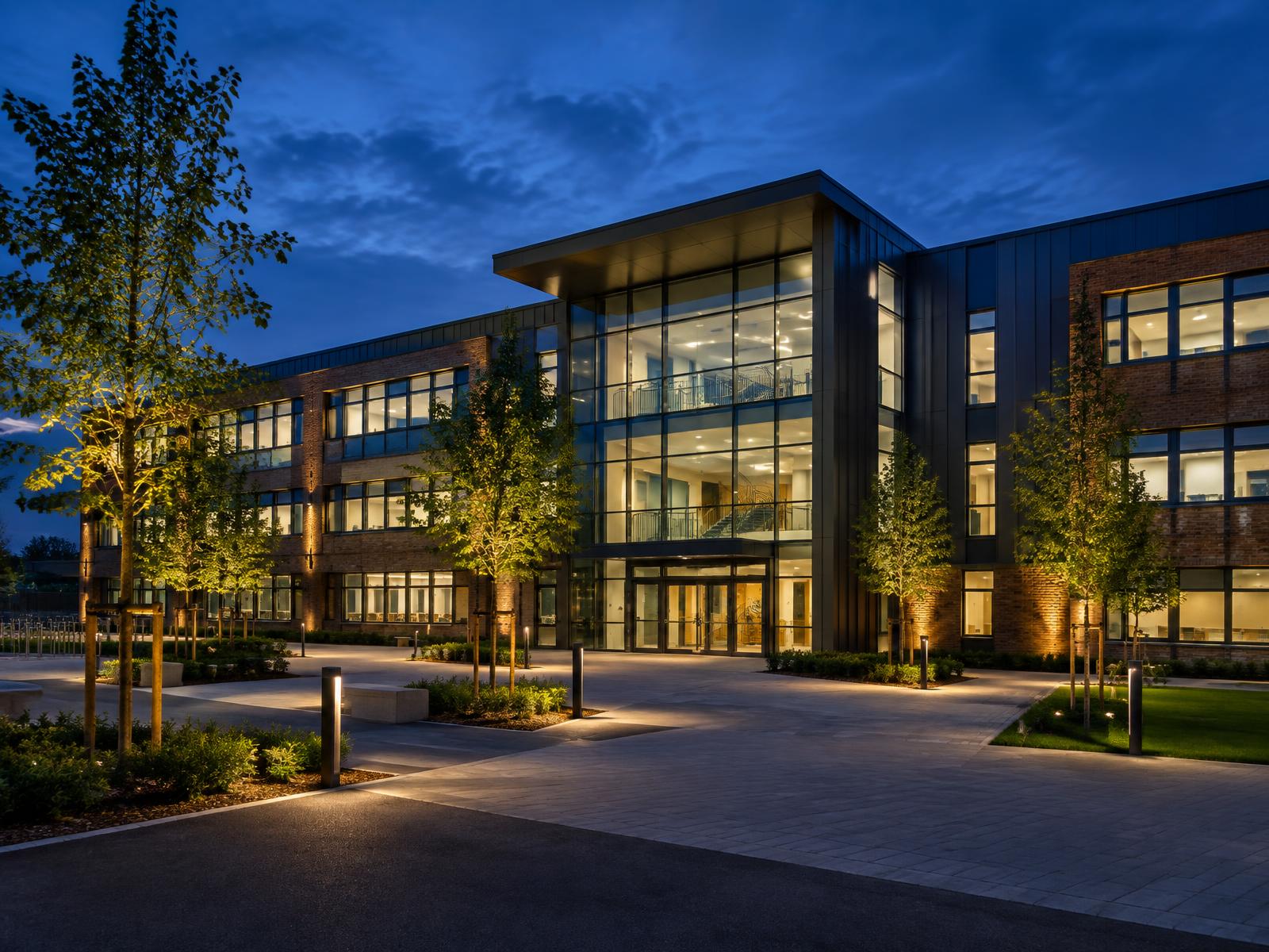 Generic modern campus building with glazed atrium and floodlit forecourt at dusk