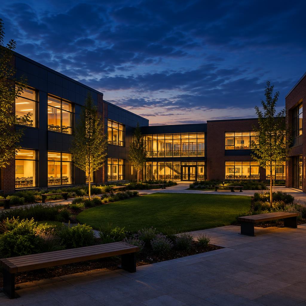 Modern school courtyard with glowing classroom windows and landscaped quadrangle at dusk