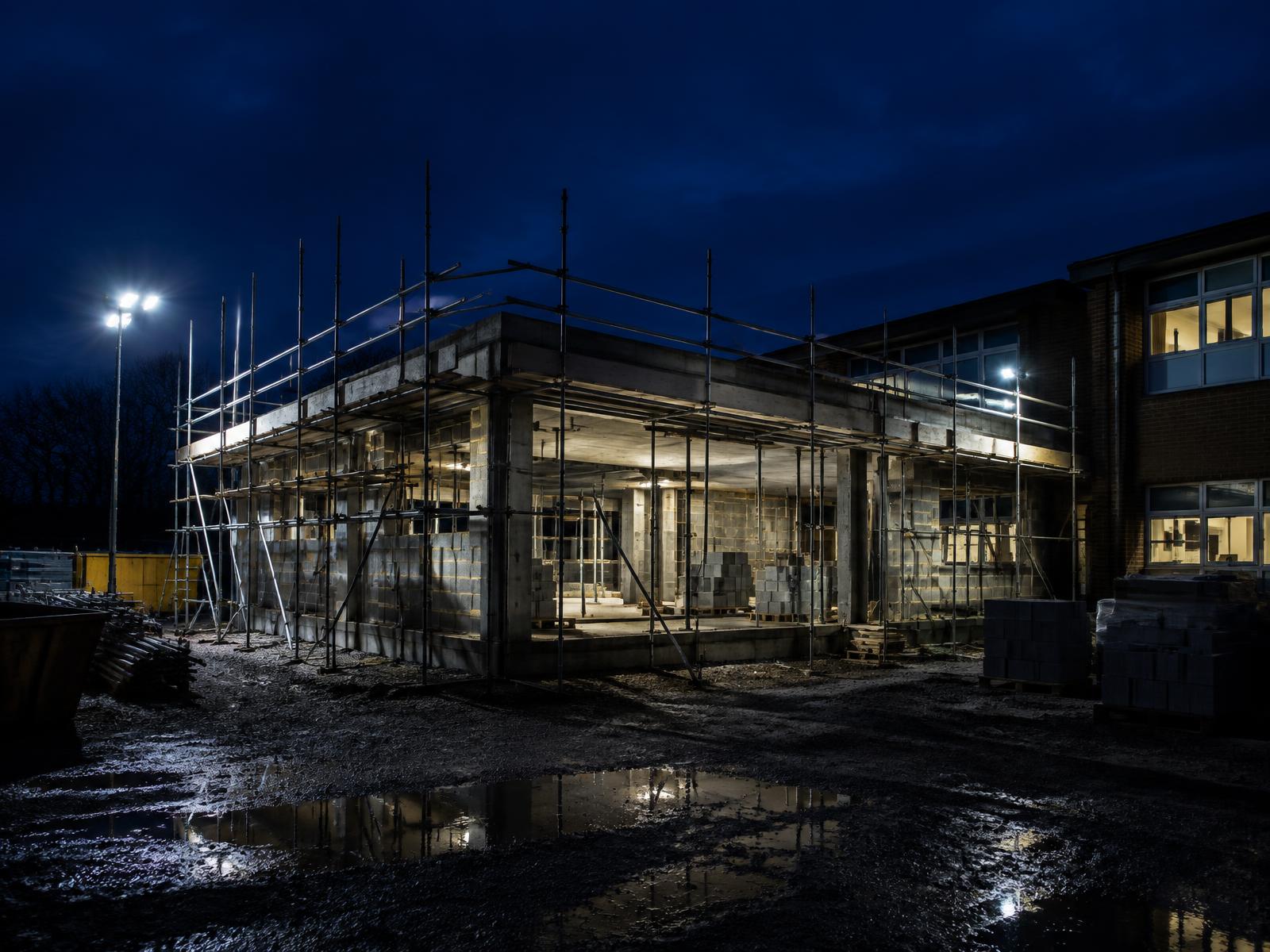 Floodlit classroom extension under scaffolding on a quiet school site at night