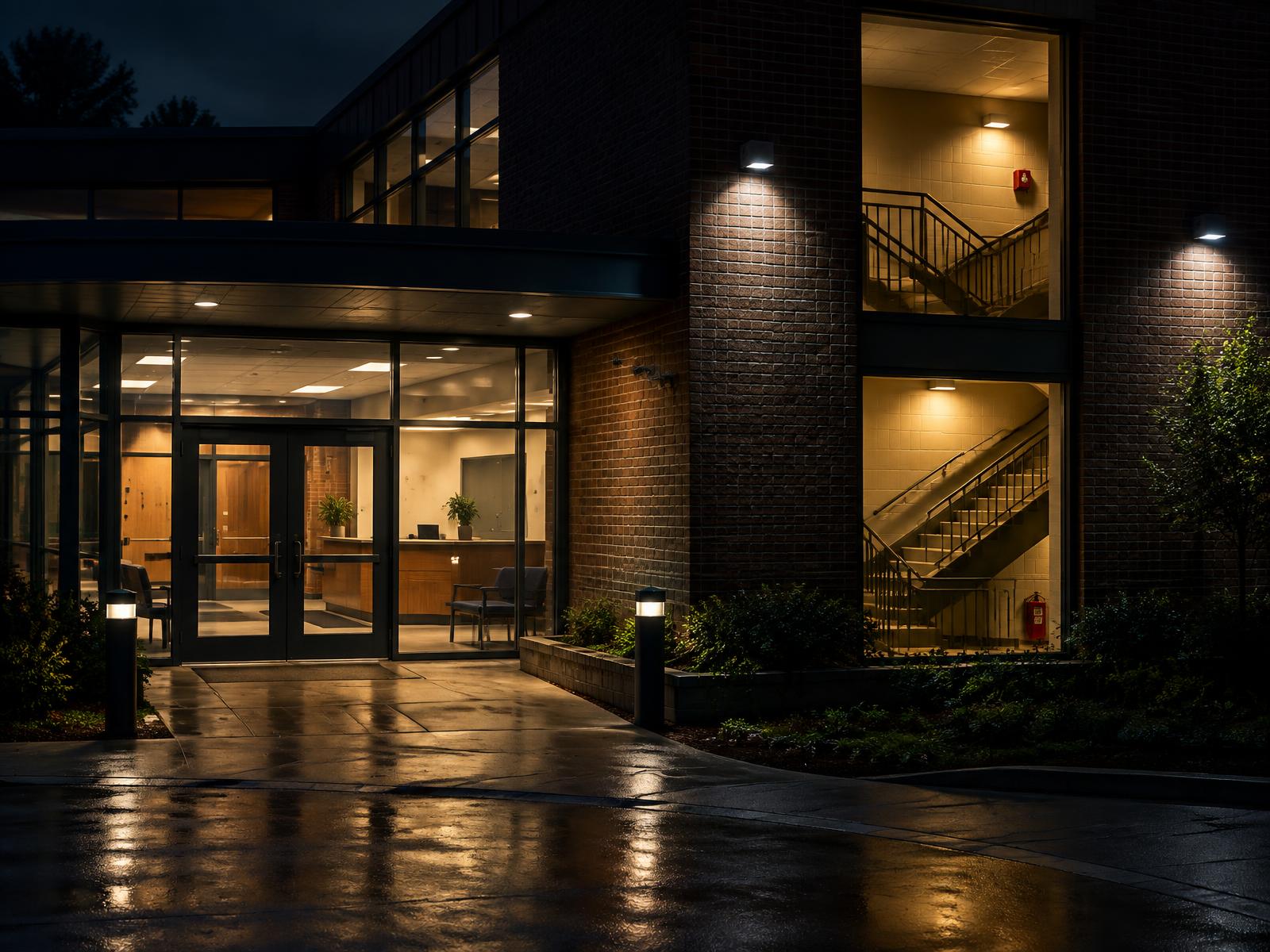 School entrance lobby and stairwell glowing behind brickwork with security lighting at night