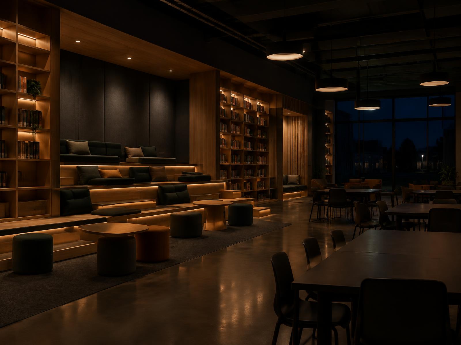 Generic modern learning commons with tiered seating, timber shelving and warm pendant lights at night