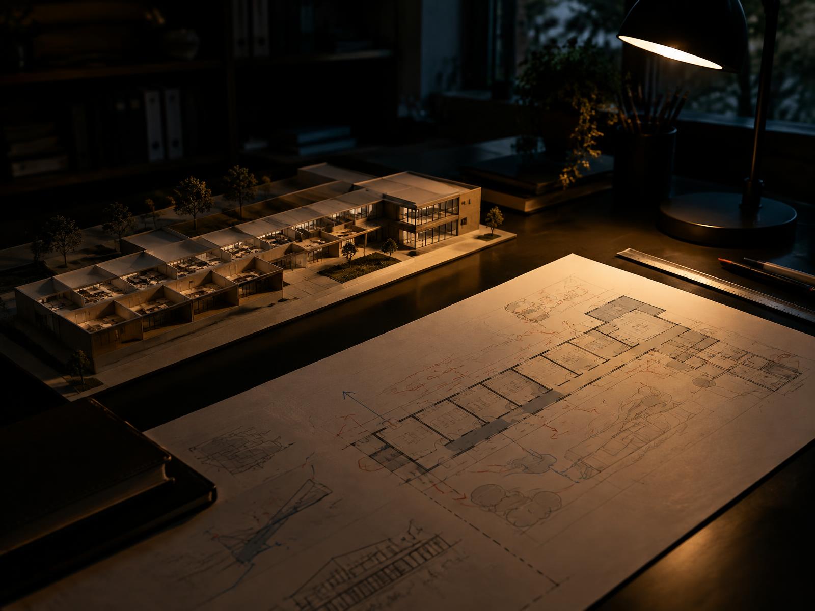 Scale model of a school wing beside annotated classroom plans under a warm desk lamp