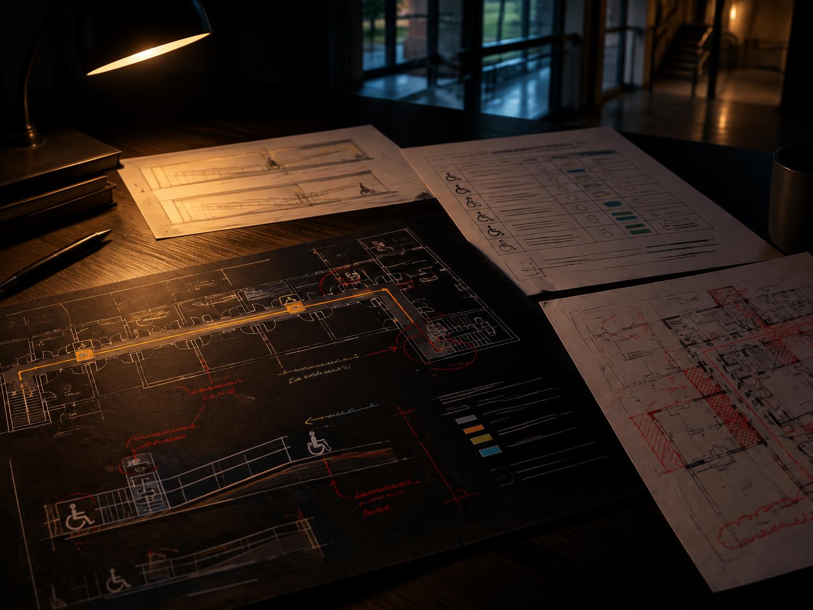 Annotated corridor and ramp layout drawings with accessibility schedules on a dark desk