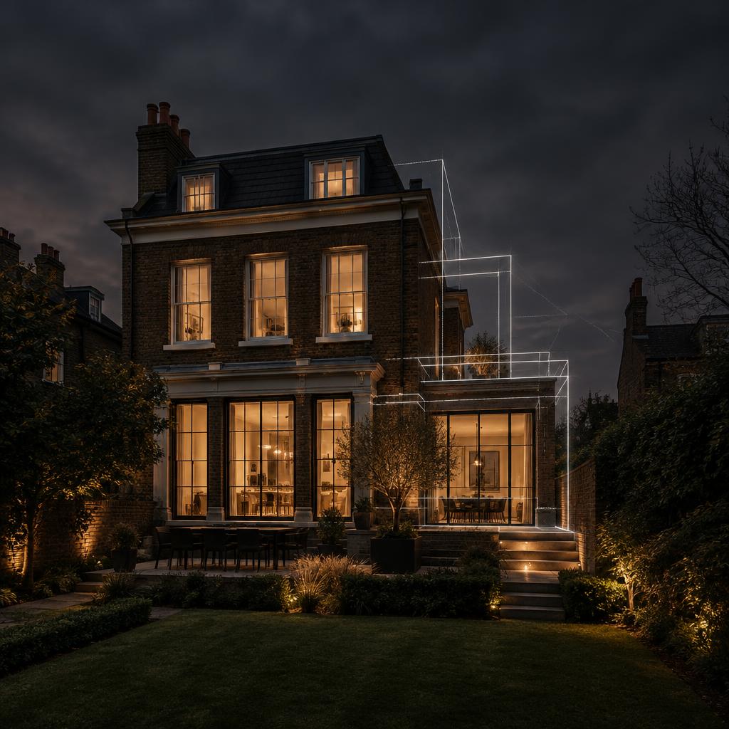 London residential property at dusk with sketch lines suggesting extension potential
