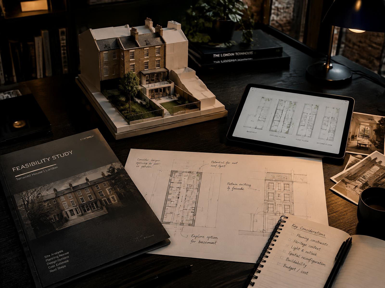 Architects' feasibility study for a terraced London house with model and annotated plans