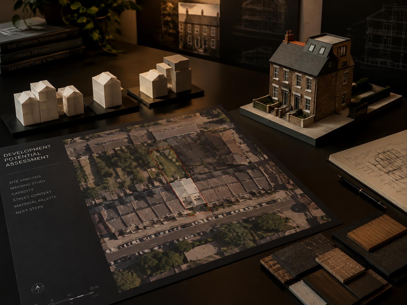 Development potential assessment with site plan, massing blocks and a terraced property model