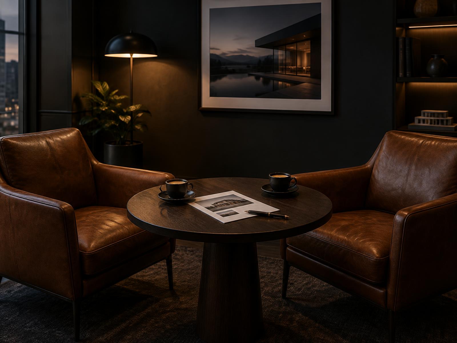 Private studio meeting corner with two armchairs, coffee and a property summary