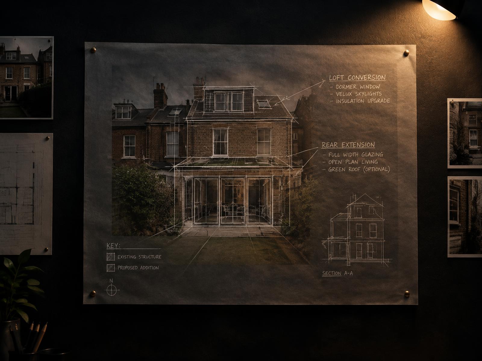 Feasibility sketch overlay on a London terraced house photograph showing extension and loft options
