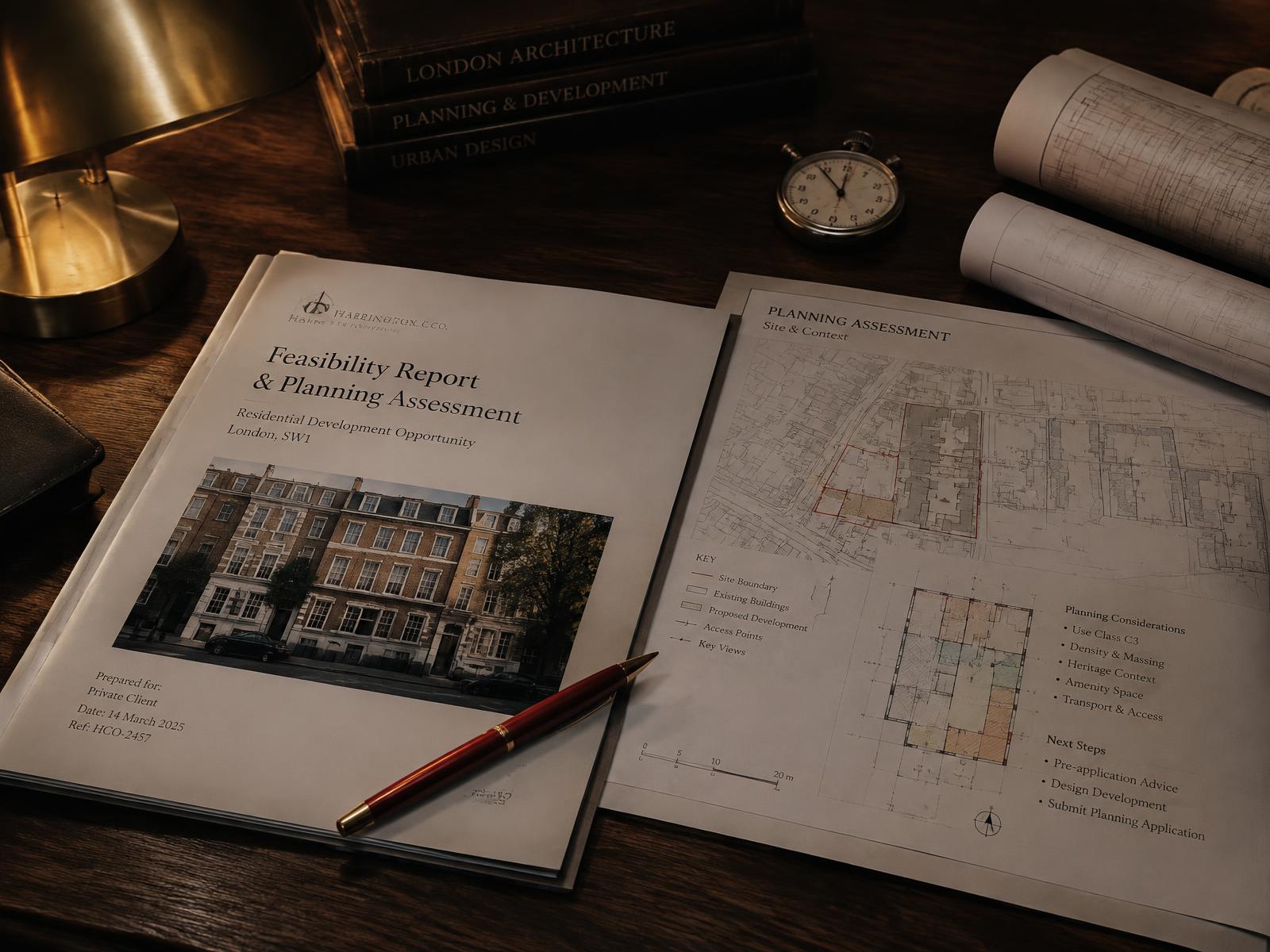 Feasibility report and planning assessment drawings on a dark desk