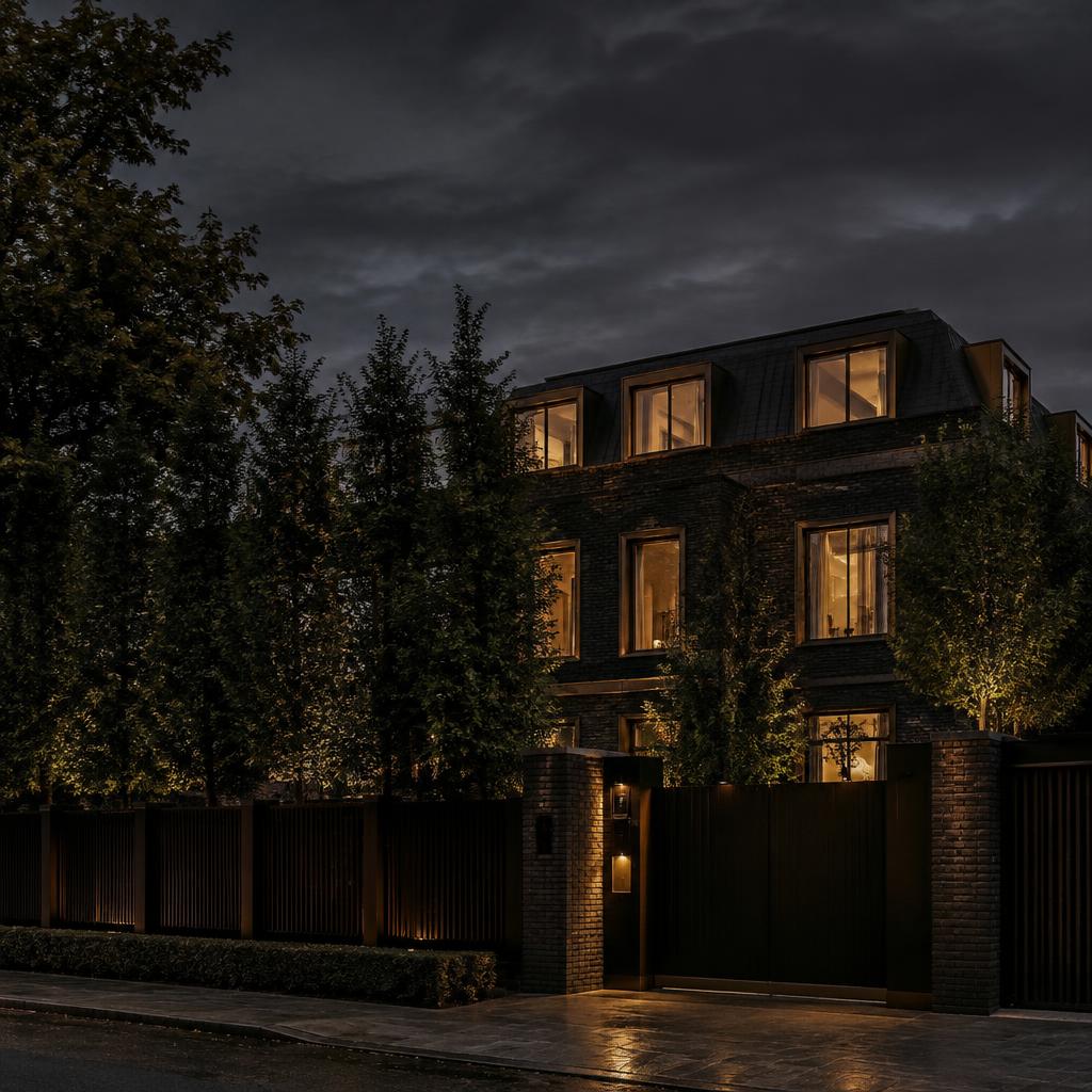 Discreet luxury London residence facade with gated entrance and warm glowing windows