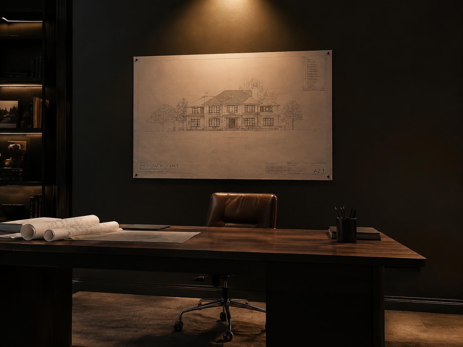 Private studio desk with rolled drawings and a pinned residence elevation