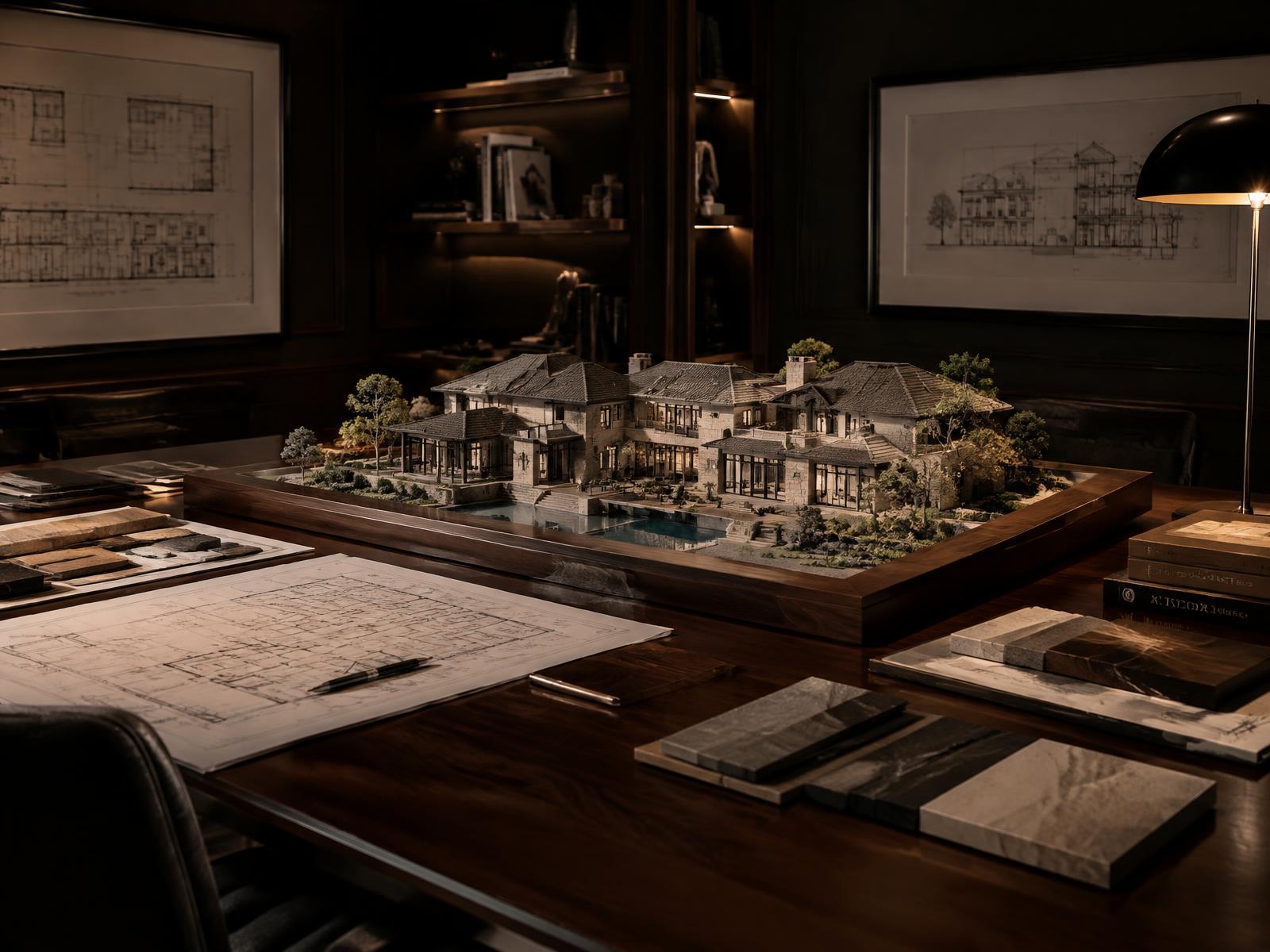 Architects and engineers reviewing a scale model of a grand bespoke residence