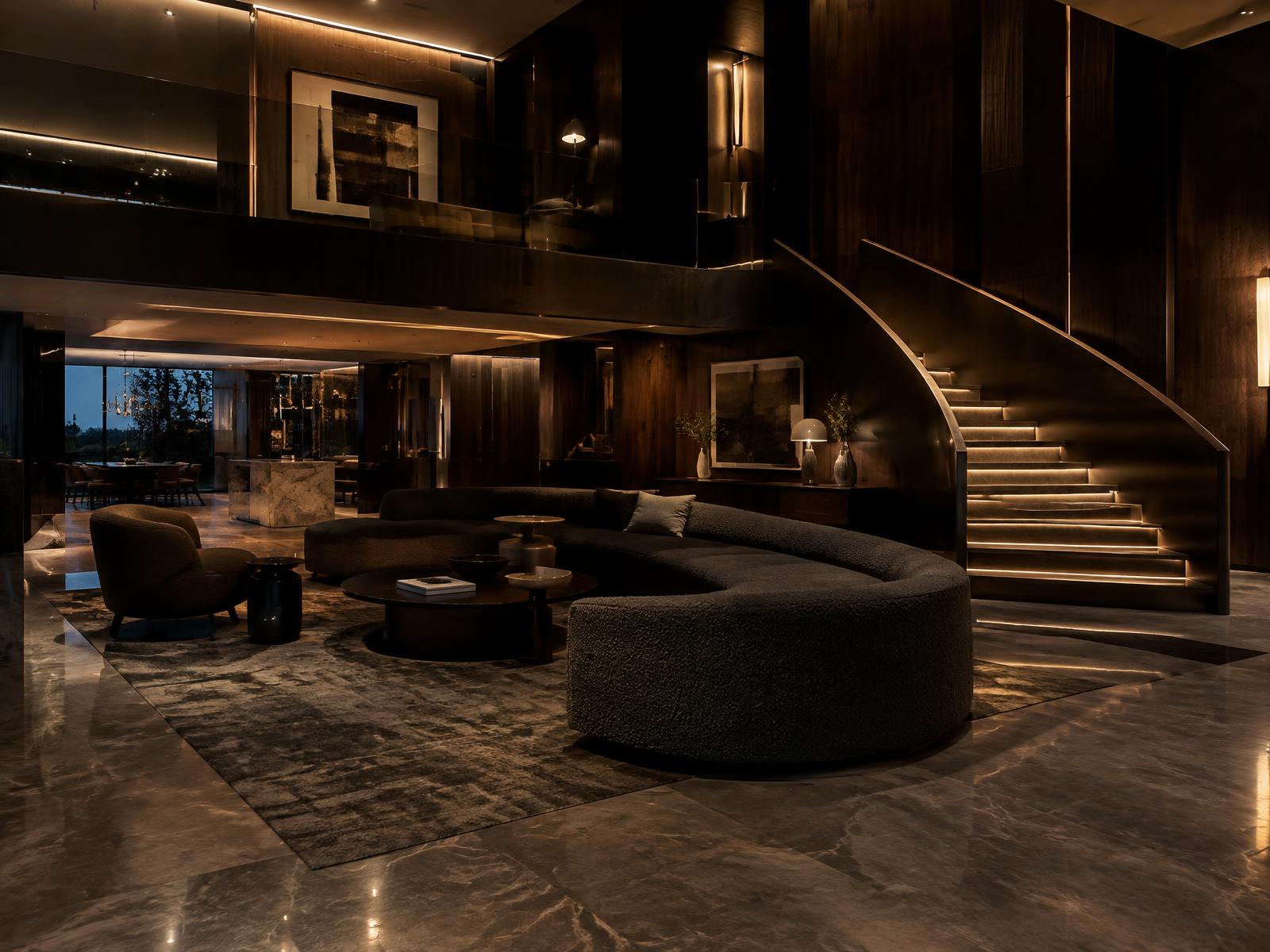Generic double-height luxury interior with dark oak panelling and sculptural staircase