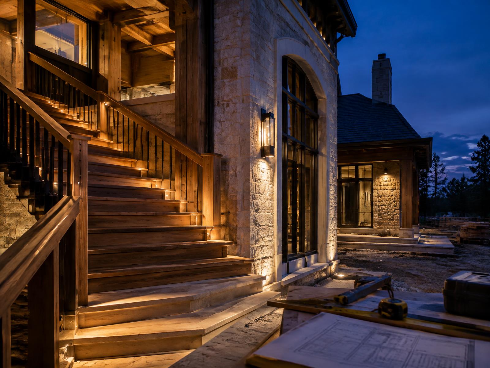 Bespoke stonework and joinery under construction at a high-end residence at dusk