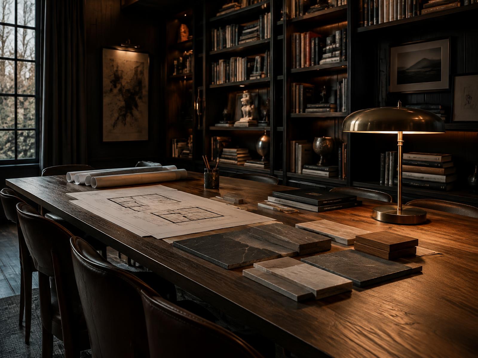Dark study with floor plans, stone samples and material palettes for a bespoke residence