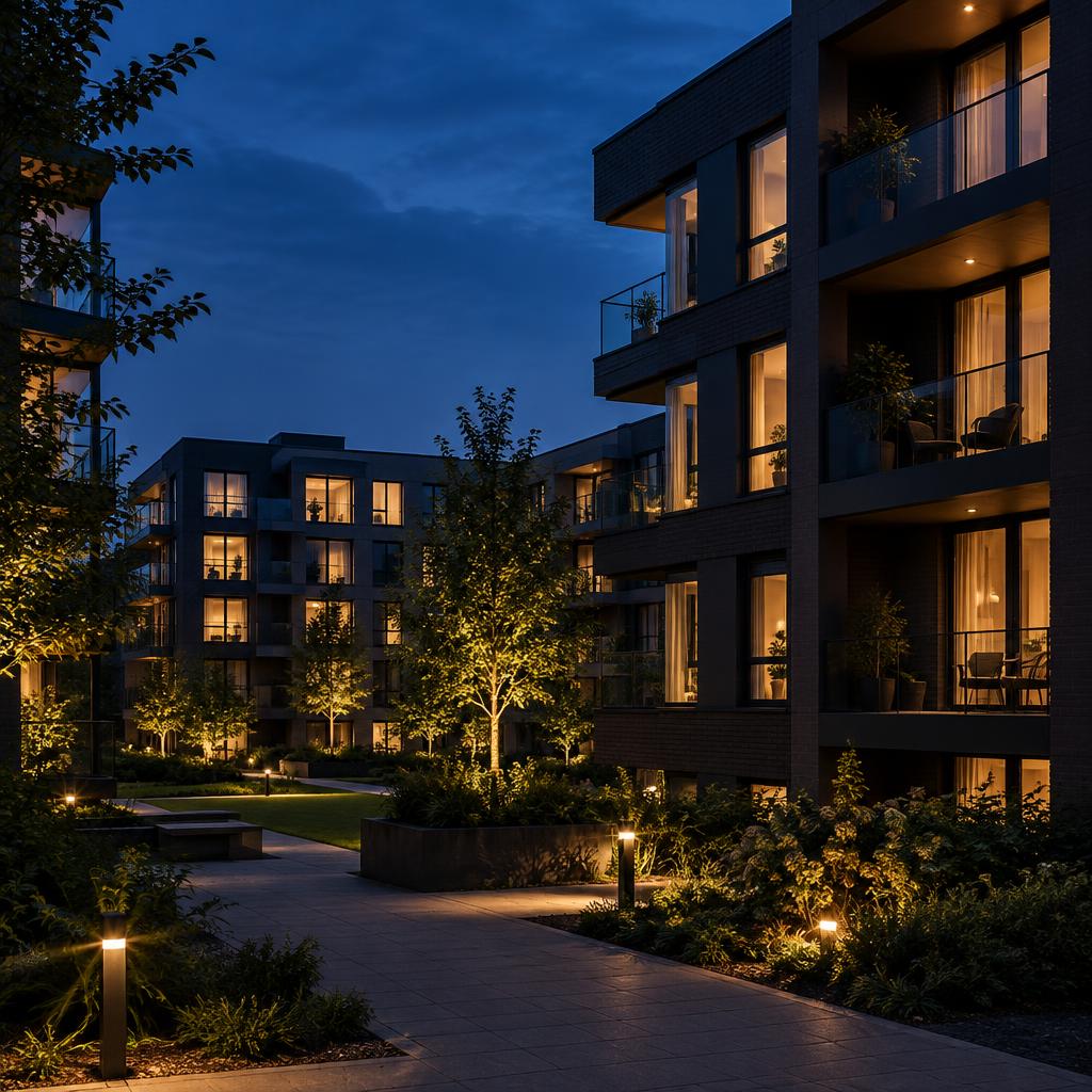 Modern residential housing block with glowing windows and landscaped courtyard at dusk