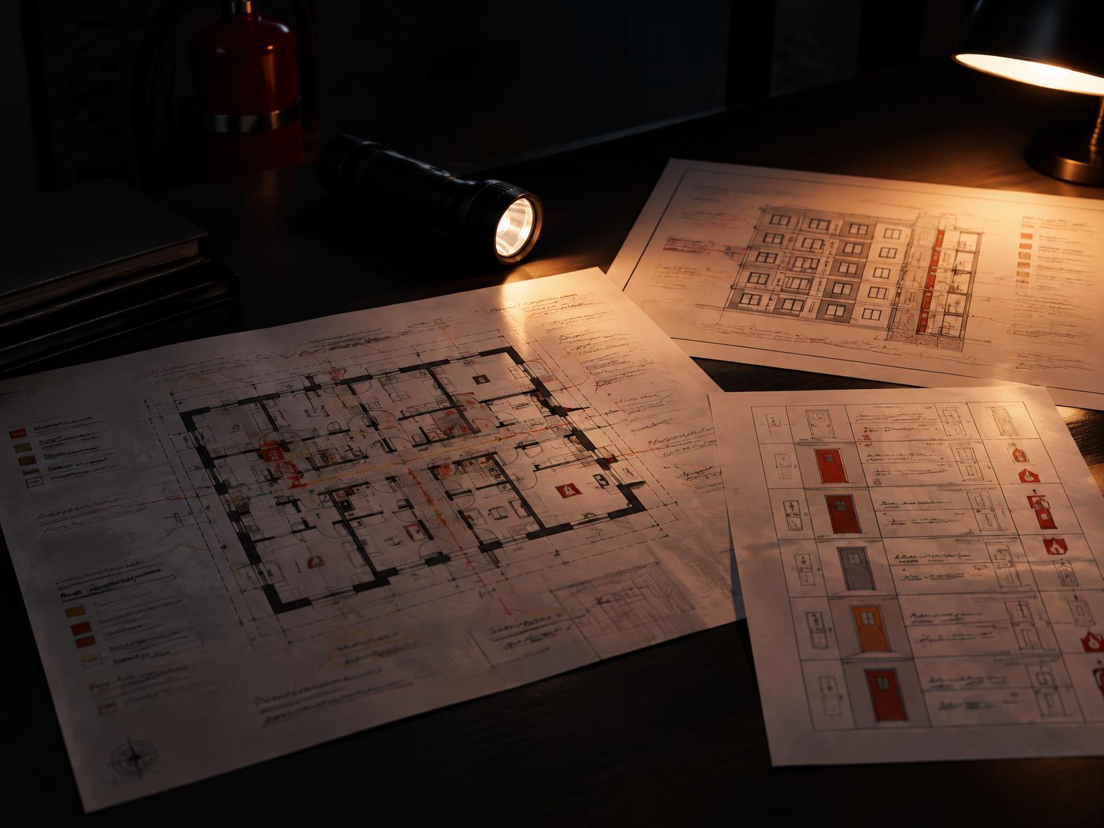 Annotated residential floor plans and fire door schedule drawings with a torch on a dark desk