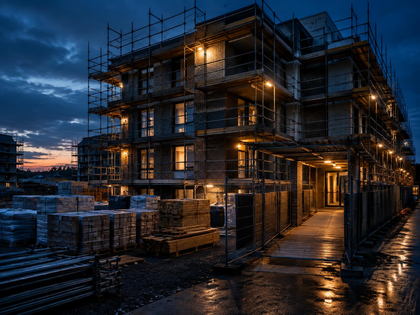 Housing block under scaffolding with protected walkway and warm work lights at dusk