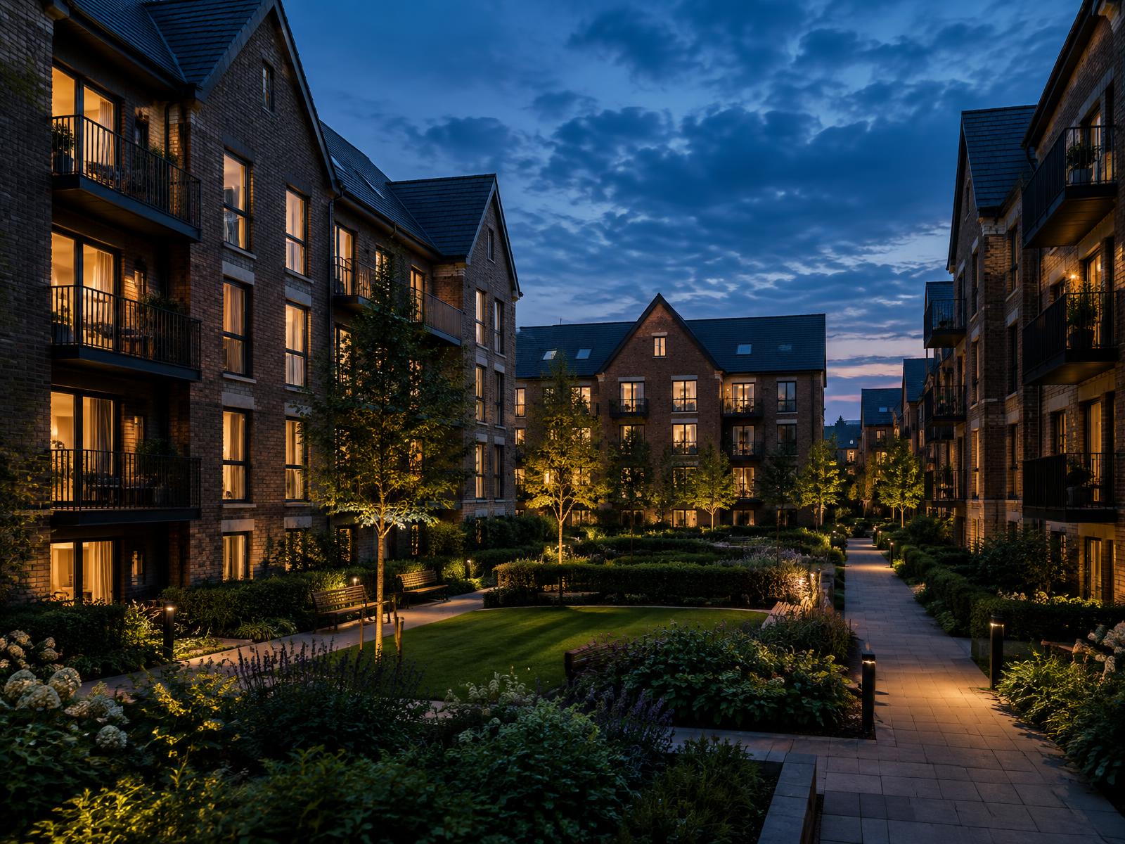 Generic London residential estate with brick apartment blocks, glowing windows and landscaped garden at blue hour